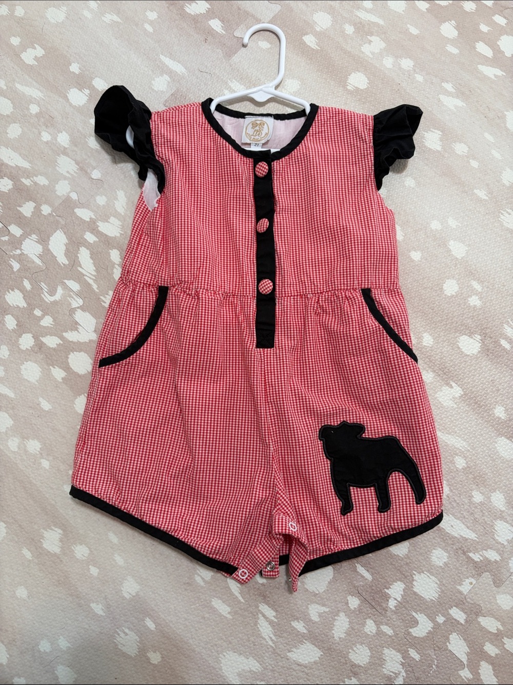 Red Gingham Baby Romper with Black Trim and Puppy Appliqué